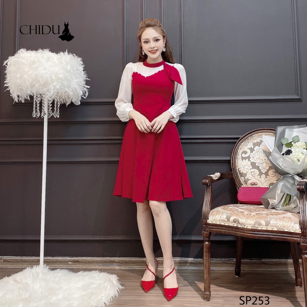 CHIDU Đầm xoè công sở nữ, đầm xoè cổ hai lá thanh lịch SP253