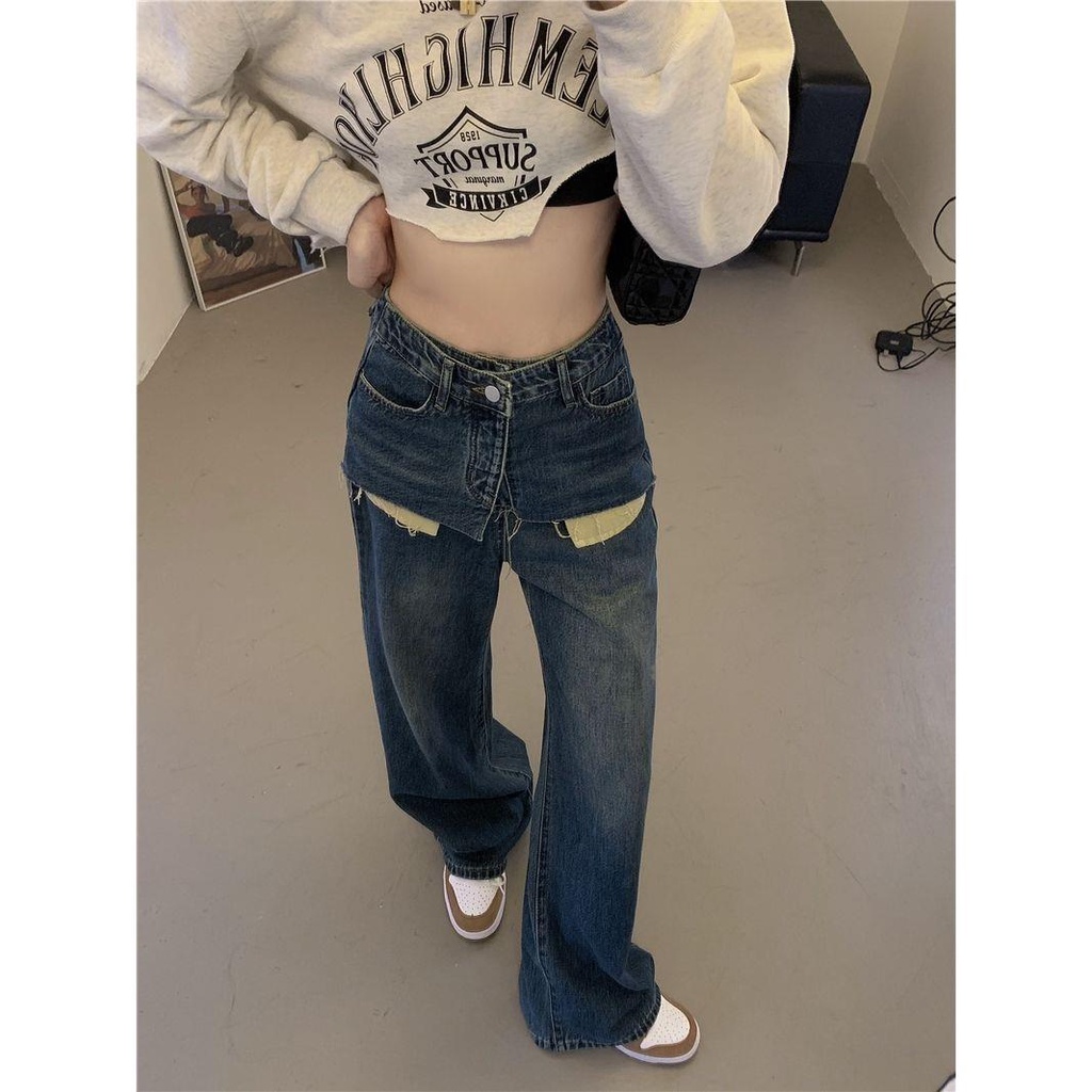 Quần jean ống rộng lưng cao giả hai lớp phong cách đường phố thời trang cho nữ