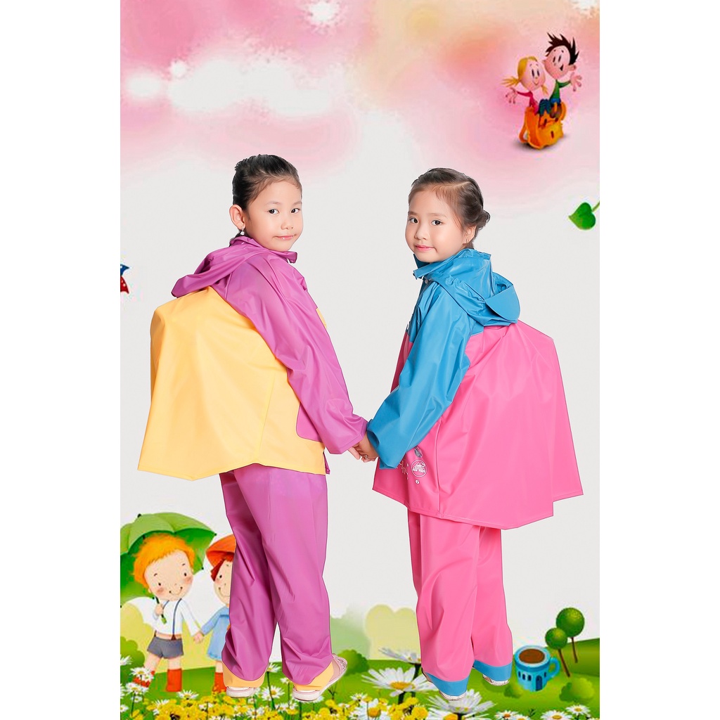 Áo mưa bộ trẻ em Sơn Thủy có lưng che cặp sách, bộ áo mưa dễ thương bằng PVC cao cấp an toàn cho bé trai bé gái