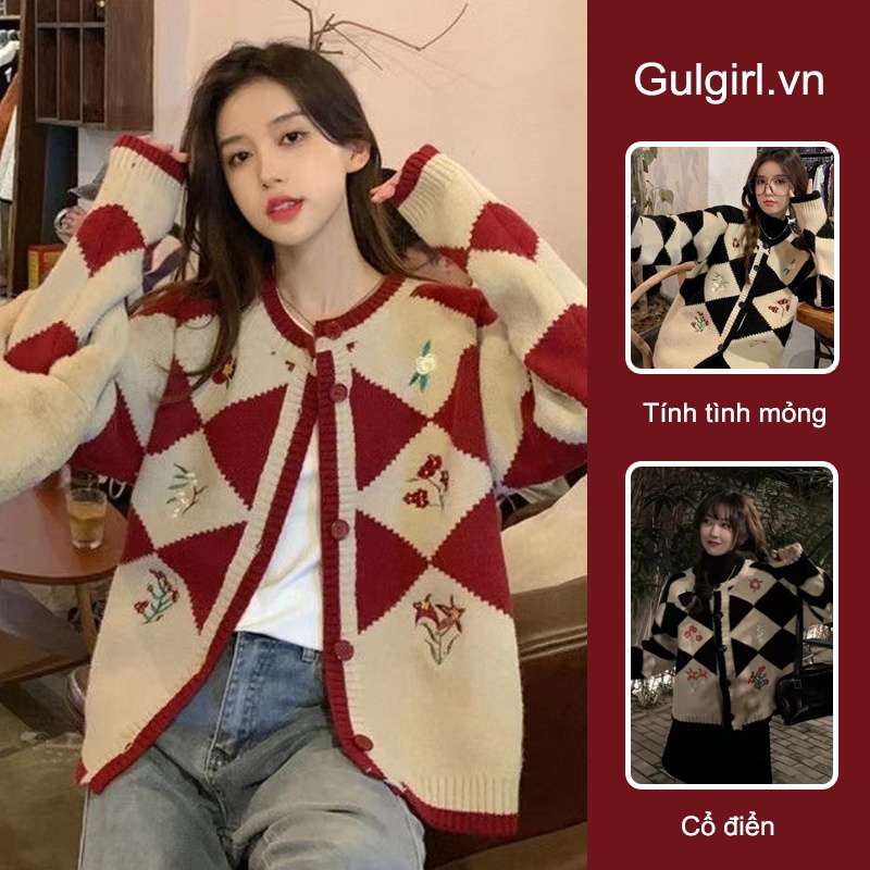 Áo khoác cardigan dáng rộng màu sắc tương phản thêu hình bàn cờ phong cách retro