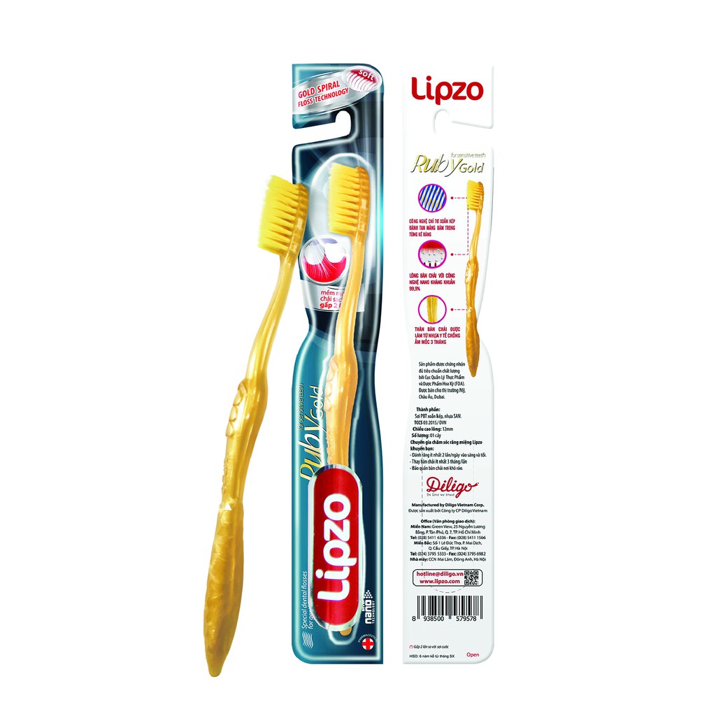 Bàn Chải Đánh Răng Lipzo Ruby Gold Dành Cho Nhạy Cảm Công Nghệ Chỉ Tơ Vàng Xoắn Kép Nano Kháng Khuẩn Hút Ẩm Khử Mùi