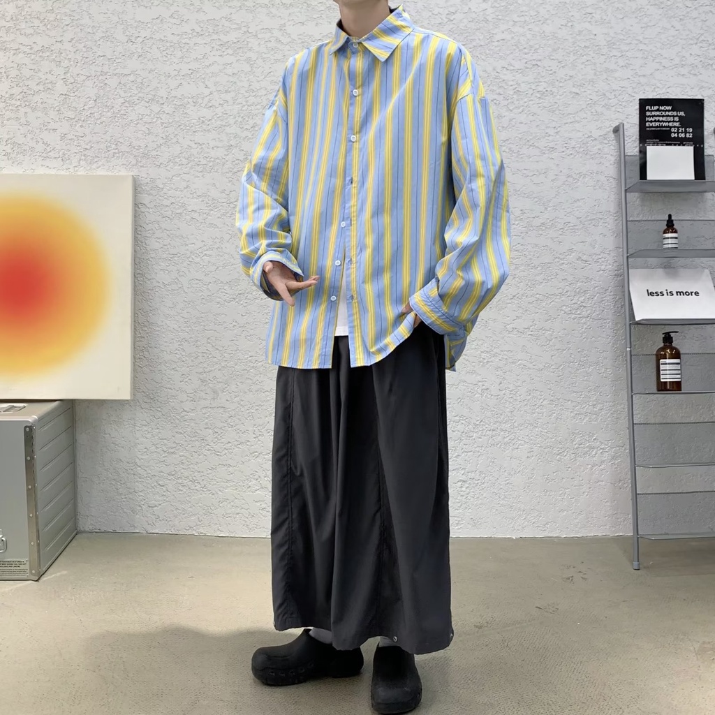 Áo Sơ Mi Nam Dài Tay Dáng Rộng Họa Tiết Sọc Dọc Màu Tương Phản Thời Trang