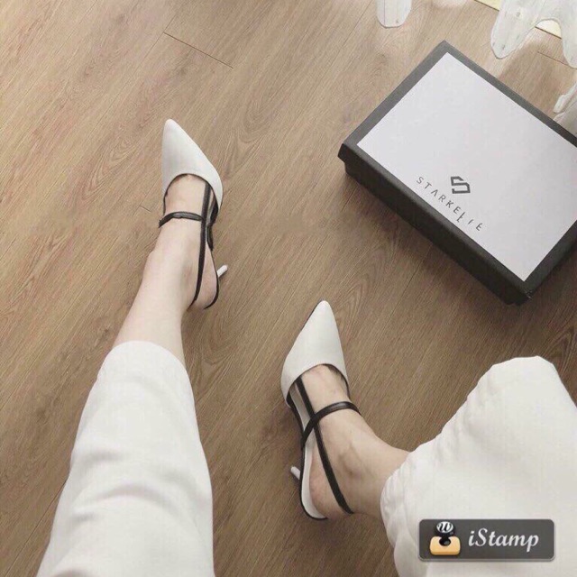 Giày cao gót trắng mix quai đen