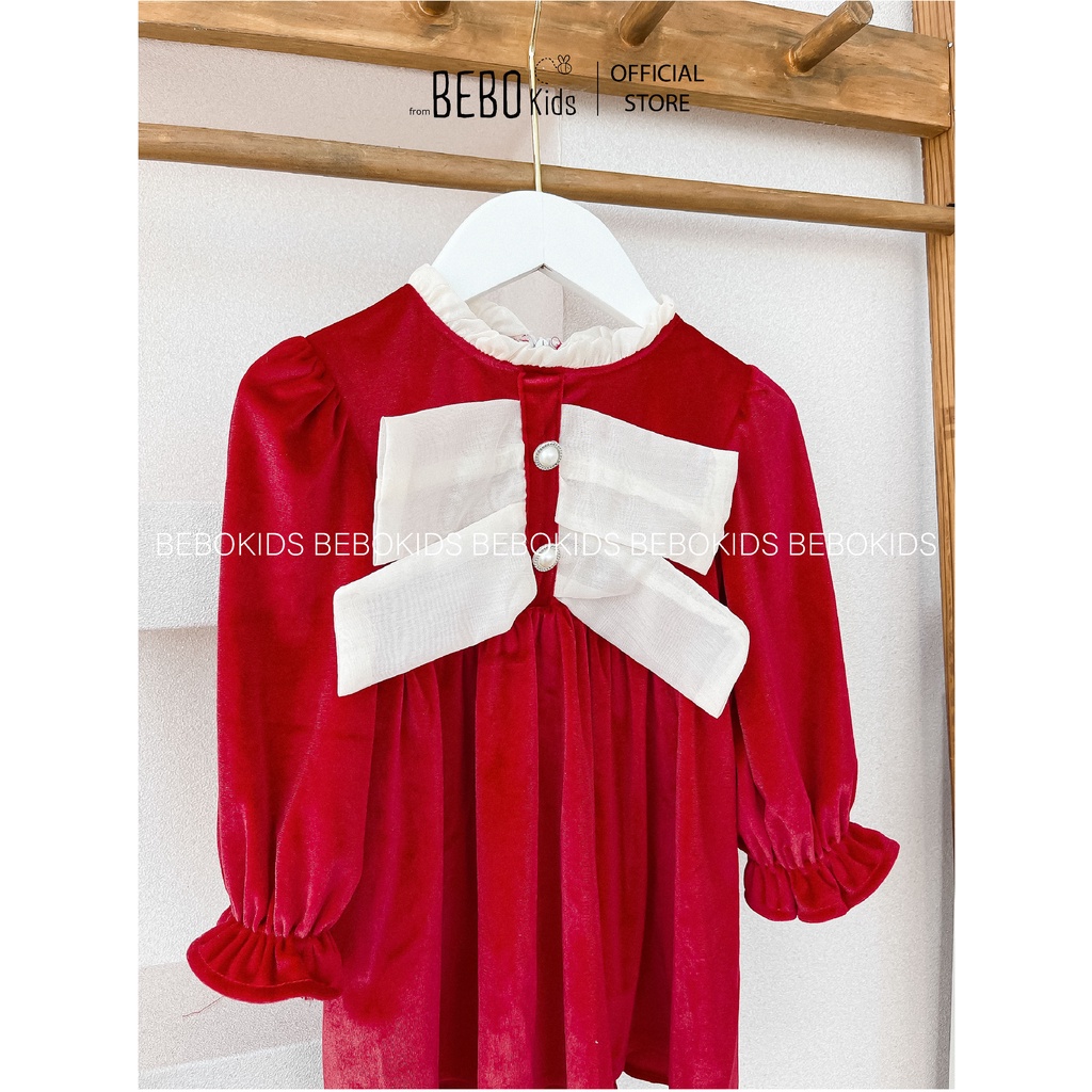 Váy đầm thiết kế công chúa mùa xuân siêu xinh cho bé gái kiểu dáng nhún ngực 10-22kg nhung len Đỏ/ Đen A02