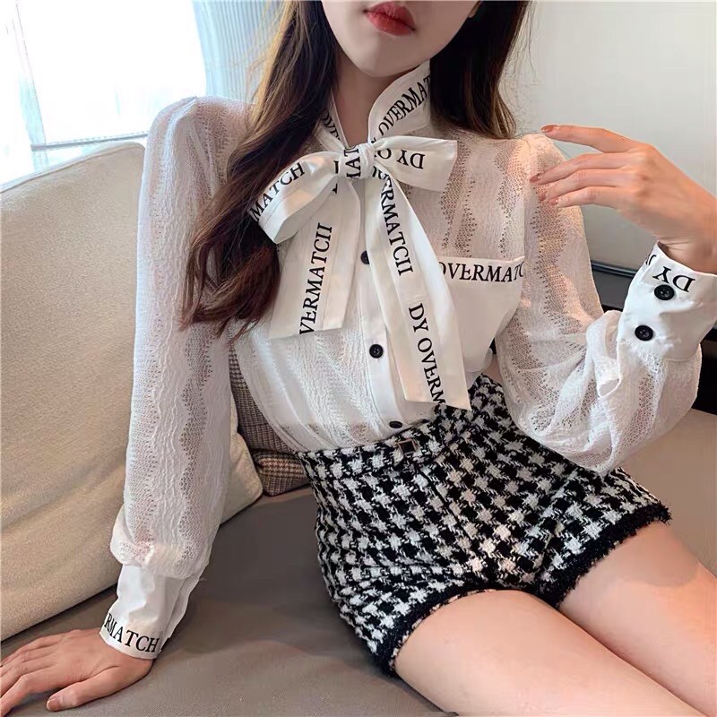 Áo sơ mi ren thắt nơ tay dài kèm quần dạ lưng cạp cao( KÈM ẢNH THẬT) | BigBuy360 - bigbuy360.vn