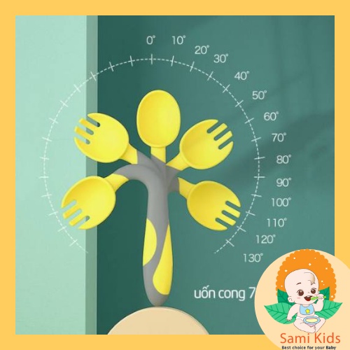 Thìa dĩa tập xúc silicon Misuta, muỗng nĩa uốn cong an toàn cho bé ăn dặm SAMI KIDS