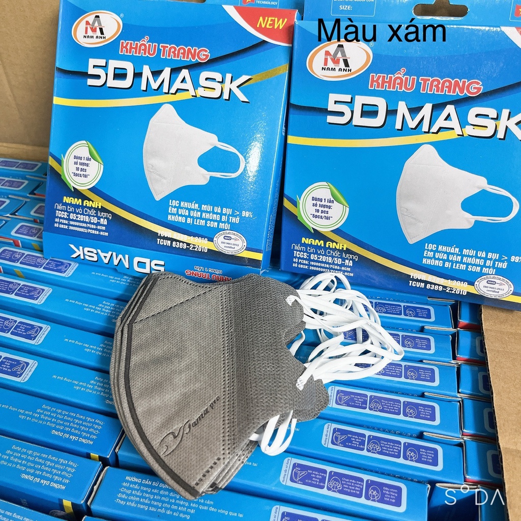 Khẩu trang 5D Nam Anh màu trắng, đen, xanh rêu, xám hộp 10 cái- tân bình