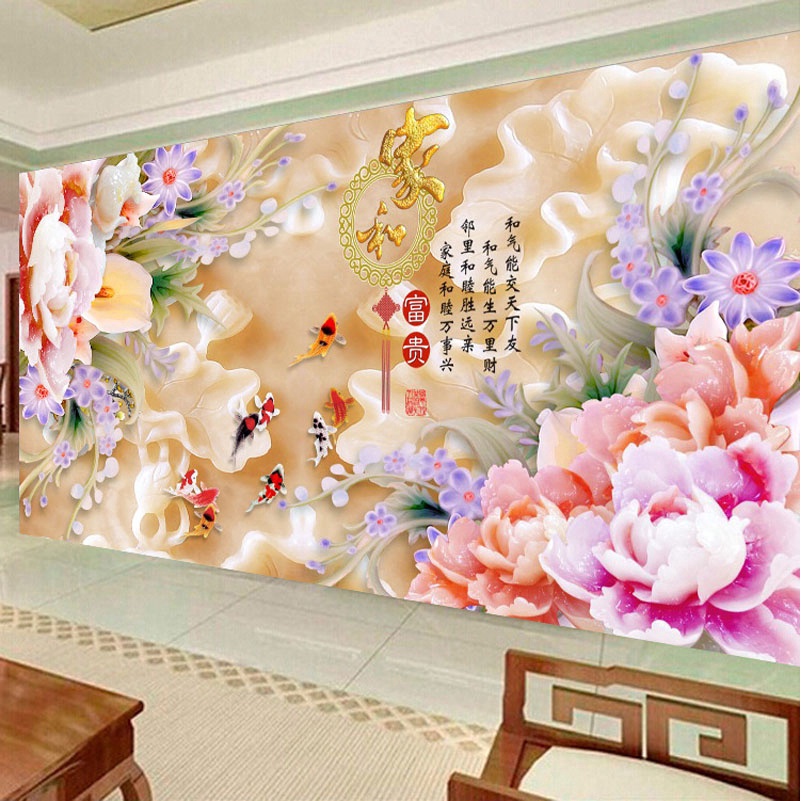 Tranh Thêu Chữ Thập Đính Đá Kim Cương 5D 5D DIY Hình Vẽ Hoa Mẫu Đơn Và Chín Con Cá Trang Trí Phòng Khách