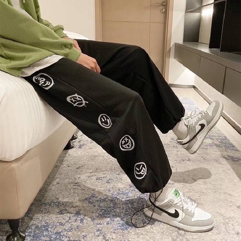 Quần thụng in hình mặt cười phong cách hip hop đường phố Nhật Bản 2 màu sắc tự chọn M-5XL