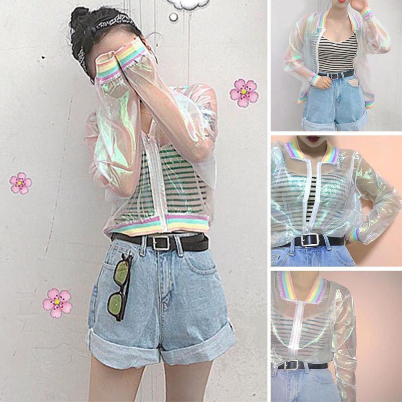 Áo khoác form lửng trong suốt phối cổ tay áo màu cầu vồng cá tính | BigBuy360 - bigbuy360.vn