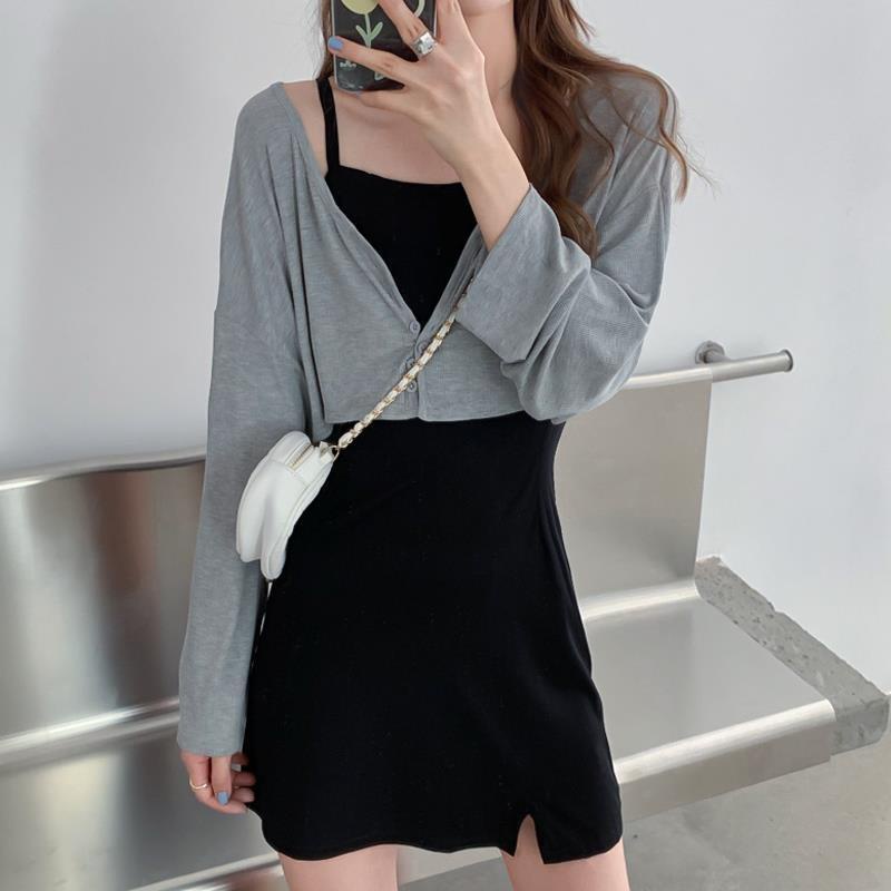 Set Đầm Hai Dây Và Áo Khoác Cardigan Phong Cách Hàn Quốc Thời Trang 2022 Cho Nữ
