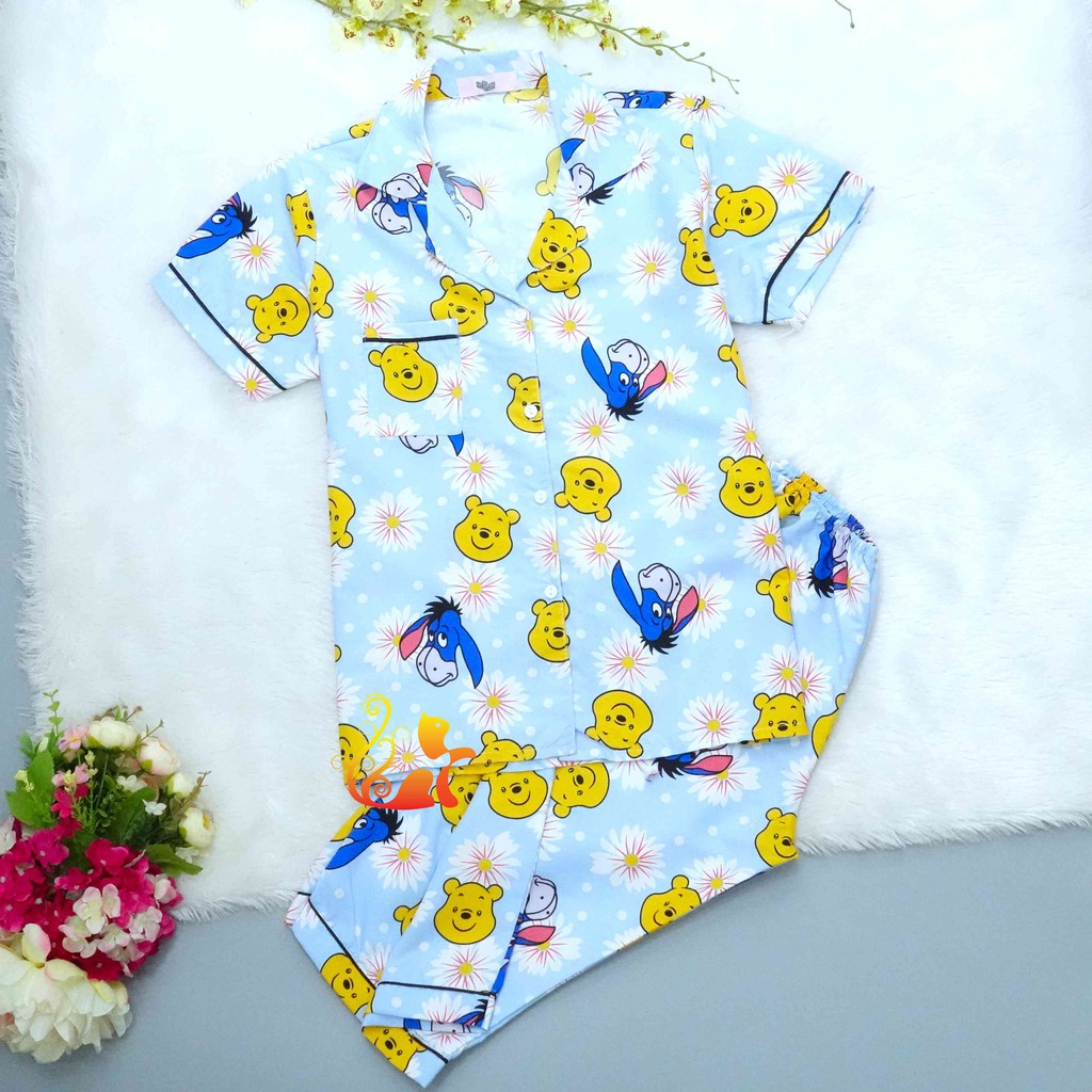 Đồ Mặc Nhà "Gấu Pu - Hoa cúc" Pijama Kate Thái Quần Lửng - Dưới 60kg. *