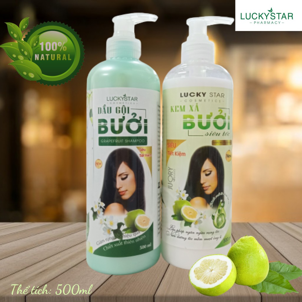 COMBO Dầu Gội + Kem Xả Tinh Dầu Bưởi Lucky Star 500ml x 2 chai