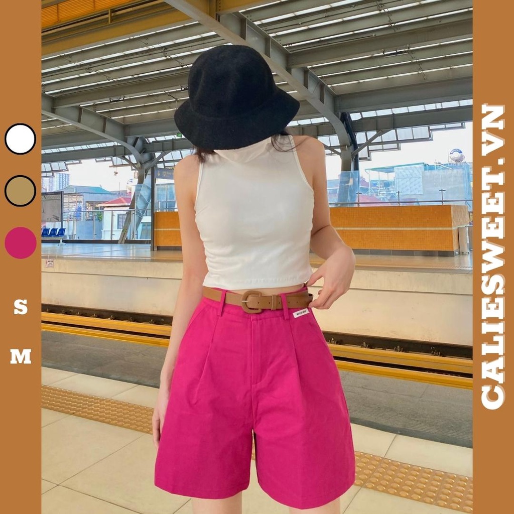 Quần đùi kaki nữ Caliesweet quần short cạp cao kèm thắt lưng da