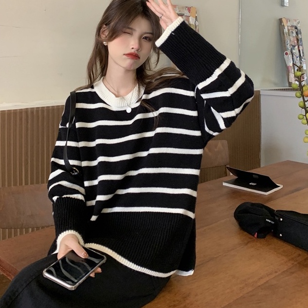 Áo sweater ZHELIHANGFEI tay dài dáng rộng thiết kế xẻ tà bên hông họa tiết kẻ sọc ngang thời trang trẻ trung