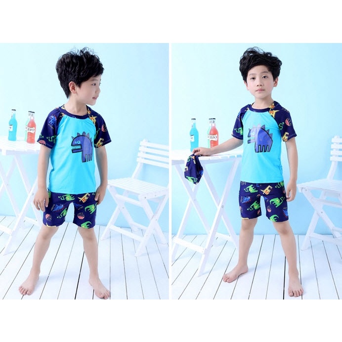 Bộ đồ bơi khủng long xanh dành cho bé trai CLEACCO cao từ 85cm đến 125cm tặng kèm nón bơi vải cùng màu BORO SPORT