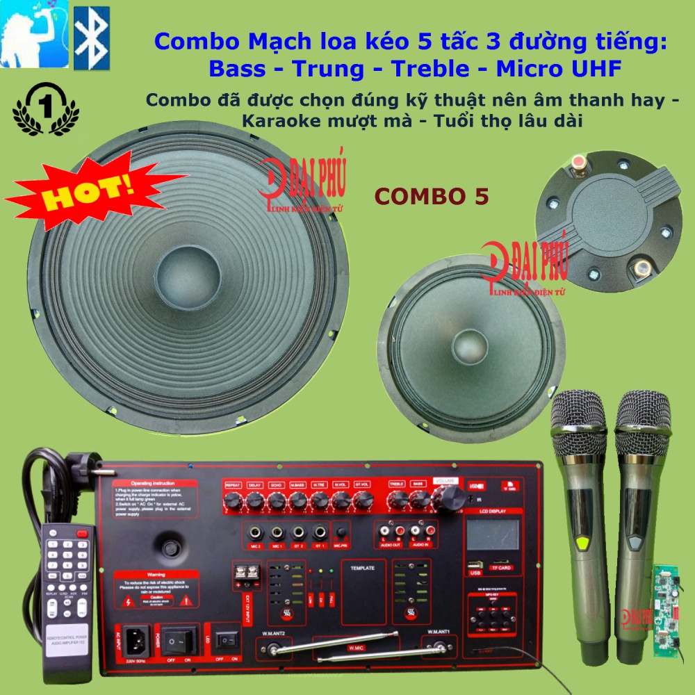 Combo Bộ Mạch loa kéo công suất lớn 5 tấc 3 đường tiếng Bass Trung Treble