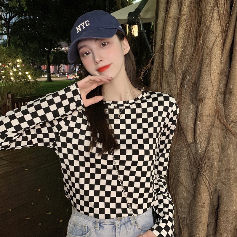 【ZHELIHANGFEI】Áo Thun Tay Dài Cổ Tròn Họa Tiết Sọc Caro Thời Trang