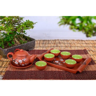 Ấm chén tử sa khắc sen kèm khay