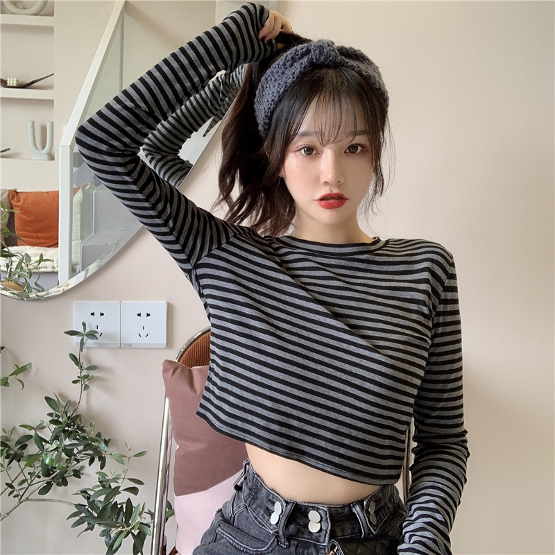 Áo thun SUXI lửng tay dài dáng rộng kẻ sọc ngang trẻ trung hợp thời trang