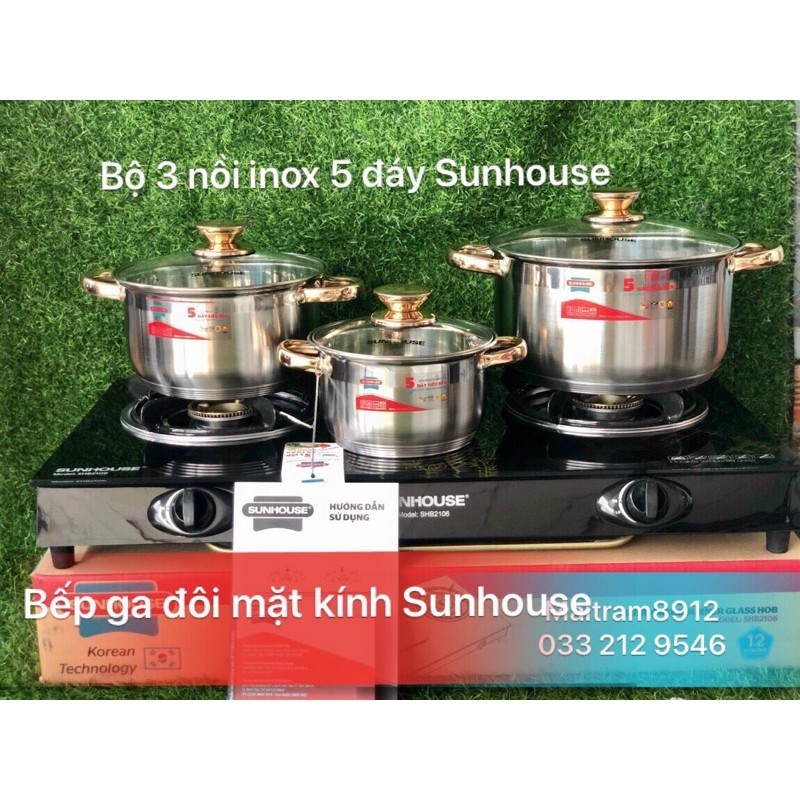 BỘ 3 NỒI INOX 5 ĐÁY SUNHOUSE SH781 - 787 - 788, dùng được mọi loại bếp, kể cả bếp điện từ