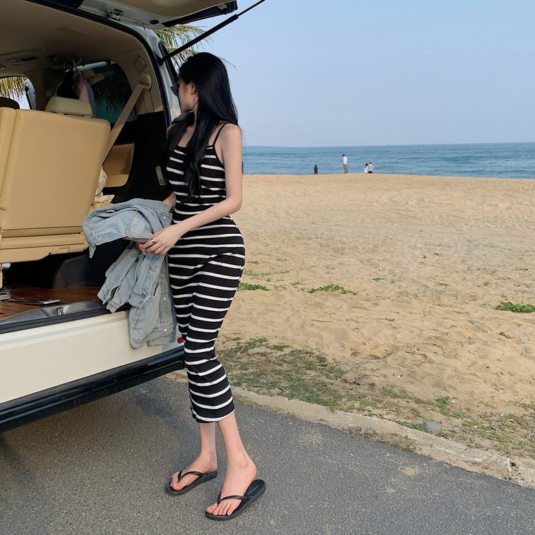 Cocory vn Đầm Maxi Hai Dây Kẻ Sọc Thời Trang Mùa Hè Dành Cho Nữ