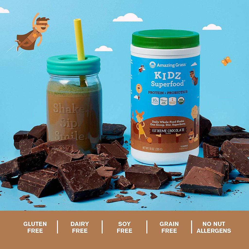 Bột rau củ quả hữu cơ bổ sung lợi khuẩn cho bé Amazing grass 180g/285g - Vị chocolate
