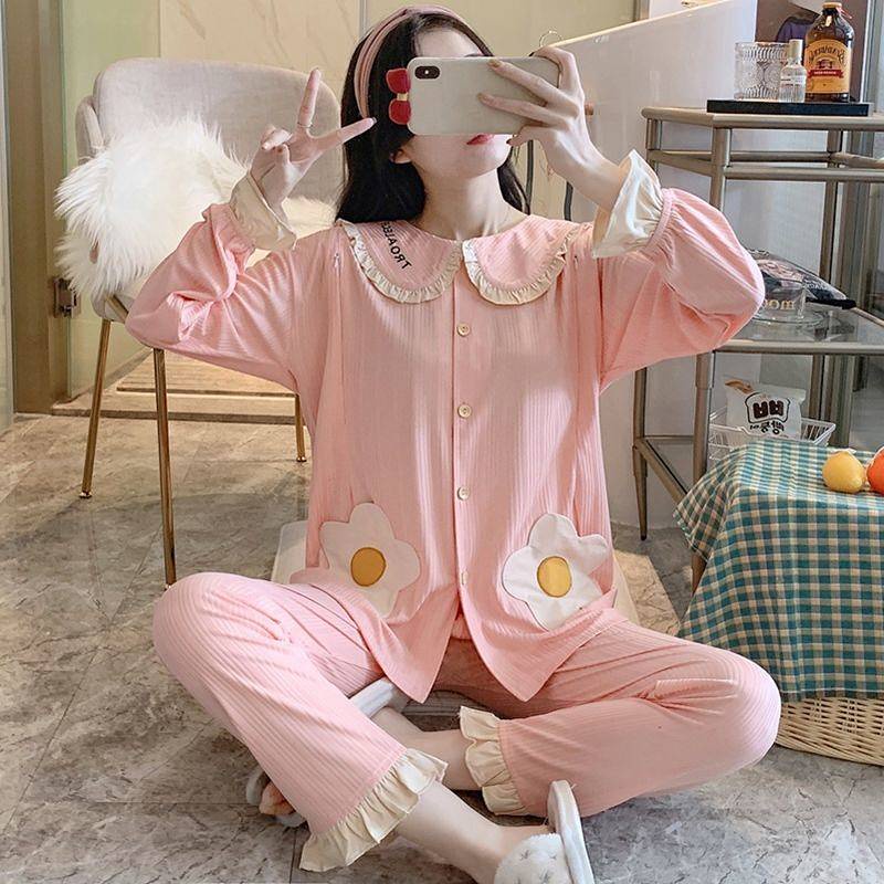 Bộ Đồ Ngủ Mỏng Thấm Hút Mồ Hôi Thời Trang Xuân Thu Cho Mẹ Bầu