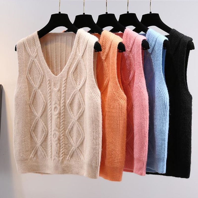 Áo Sweater Dệt Kim Sát Nách Dáng Rộng Cổ Chữ v Màu Trơn Kiểu Hàn Quốc