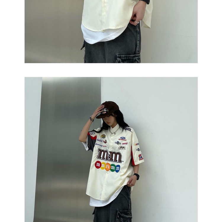 Áo thun tay ngắn dáng rộng in họa tiết M bean đường phố Mỹ cổ điển cho nam và nữ