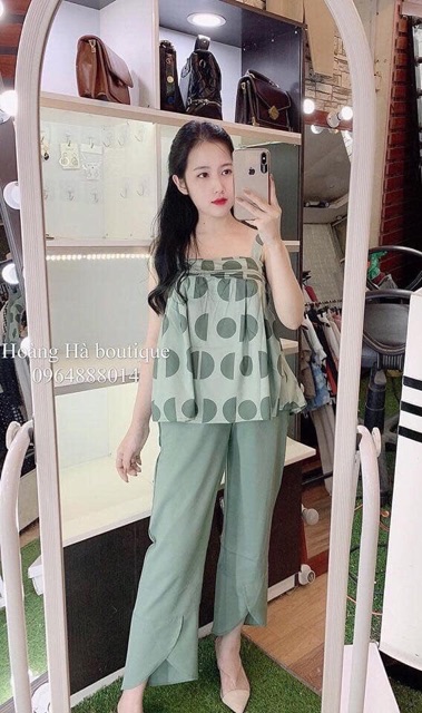 Set quần áo áo chấm bi xanh