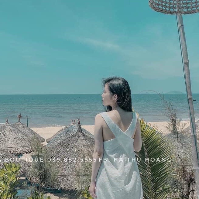Váy maxi bản to đan lưng chất đũi xước màu trắng đi biển - Đầm maxi dây to chéo lưng from rộng dáng dài xinh xắn