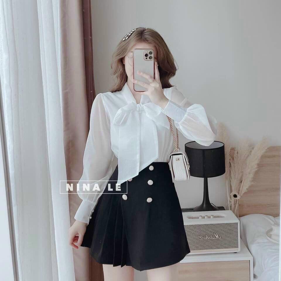 Sơ mi cổ nơ tay bồng hàng QC đẹp (Ảnh thật shop tự chụp )