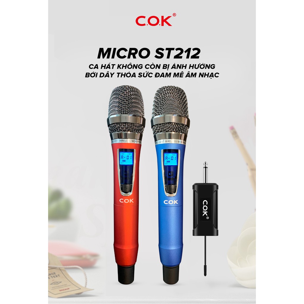 Bộ 2 Micro Karaoke Không Dây Cao Cấp COK ST-212 - Thời Lượng Pin 10h Màn Hình LED Chống Nhiễu Chống Hú Lọc Âm