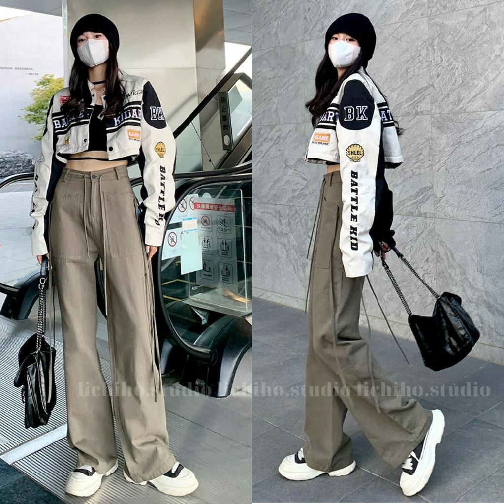 Quần kaki túi hộp phối dây rút eo form dài unisex cargo pants ống suông thiết kế cạp lưng cao cá tính trẻ trung LCH