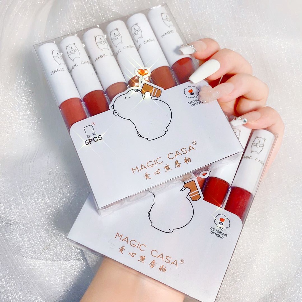 [Hàng mới về] Set 6 son kem lì Magic Casa dưỡng ẩm với vỏ hình chú gấu đáng yêu