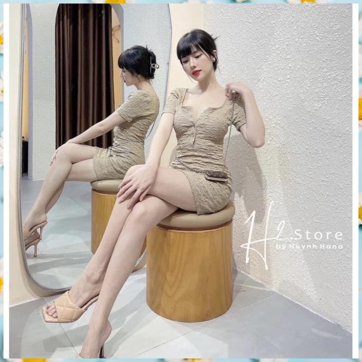 Váy Body vải chun, Đầm ôm Body Dáng Ngắn Cúc Ngực Mềm Siêu Tôn Dáng