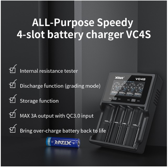 XTAR Củ Sạc Nhanh usb vc4sl qc3.0 Cho Pin li-ion18650 14500 21700 26650 1.2v ni-mh aa