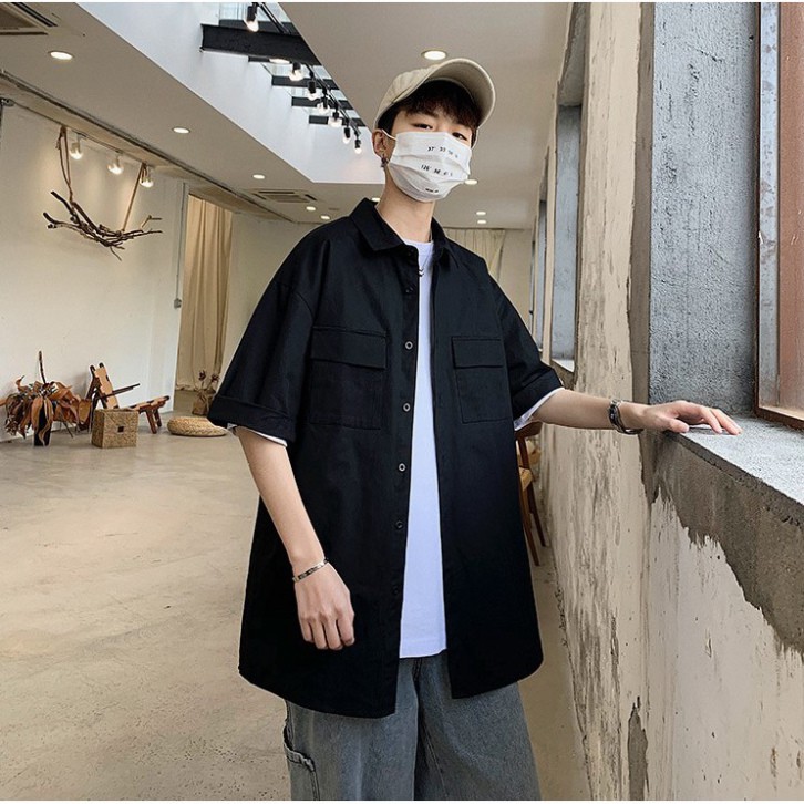 Áo sơ mi đen ngắn tay unisex nam nữ siêu hot | BigBuy360 - bigbuy360.vn