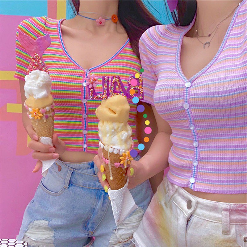 Áo Croptop dệt kim tay ngắn hoạ tiết kẻ sọc cho phái nữ | BigBuy360 - bigbuy360.vn