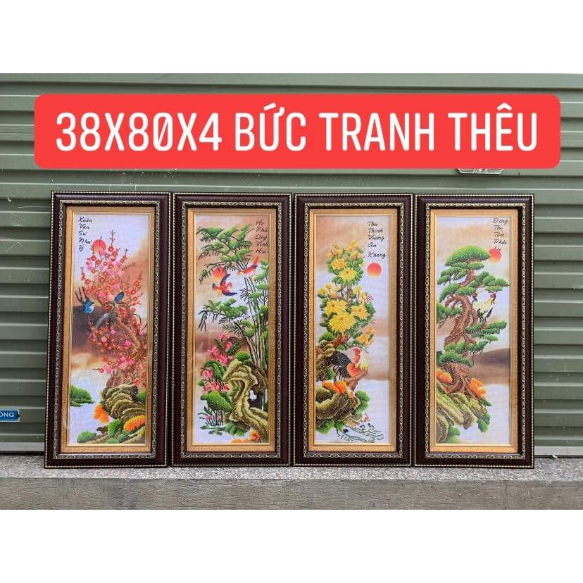 Tranh thêu thành phẩm Tứ Quý Gà Tuyệt Đẹp