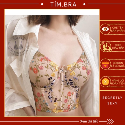 Áo bra corset voan họa tiết hoa lá dáng lửng Tím Bra cao cấp, Áo bralette nữ có gọng đệm nâng ngực gợi cảm M10