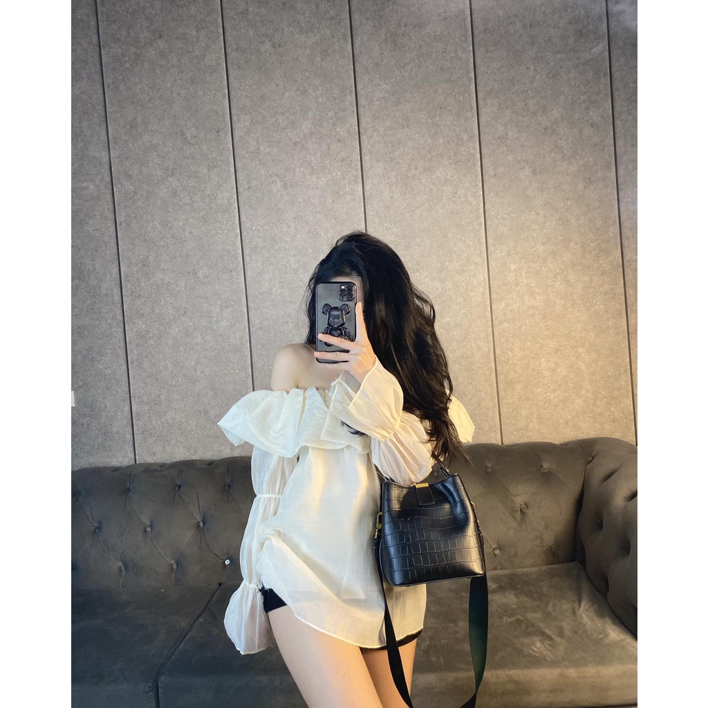 [Ảnh Thật] Áo Tơ Xước Bèo Bệt Vai Bo Chun Tay 2 Màu Nâu/Be [LanHin90]