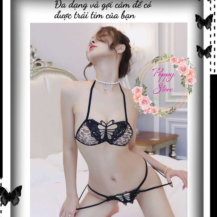 Set Áo Ngực &amp; Quần Lót Lọt Khe⚡ Mã AT53 + CHE TÊN SẢN PHẨM⚡ Bộ đồ lót phối da beo sexy - gợi cảm - quyến rũ, ren - thun