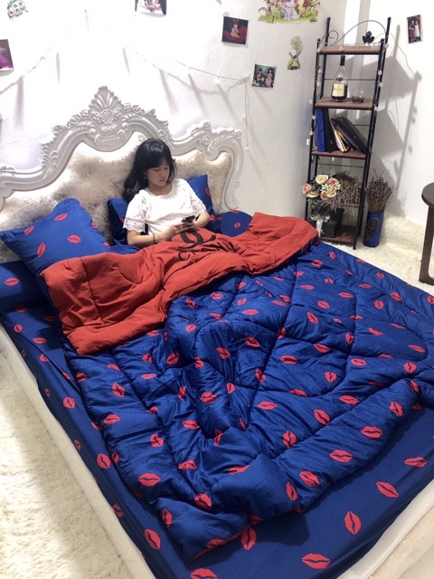 Trọn bộ 5 món set cotton đũi chăn hè trần bông 3 lớp