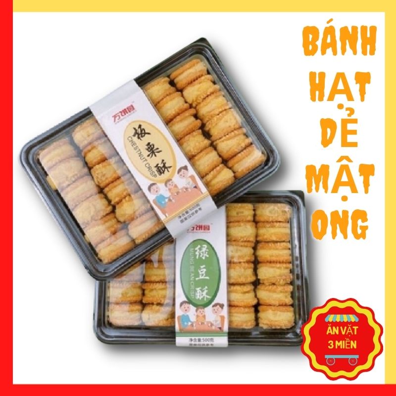 Bánh nướng hạt dẻ mật ong đậu xanh, bánh hạt dẻ nhân đậu xanh thơm, ngon, ngậy hộp 500gr gồm 26c bánh