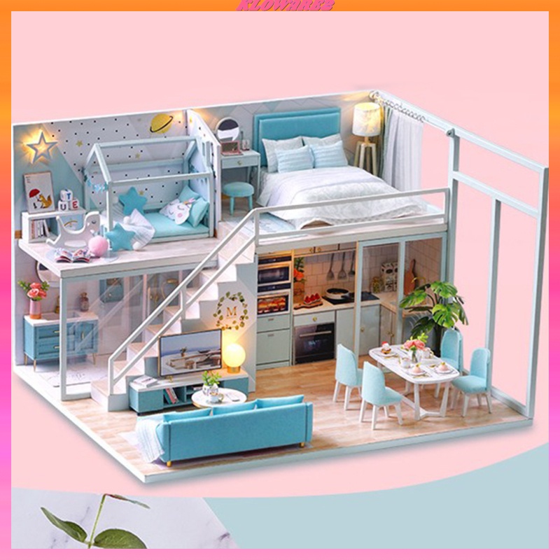 [KLOWARE2]1/24 Scale Dollhouse Miniature DIY House Kit Blue Apartment with Furniture