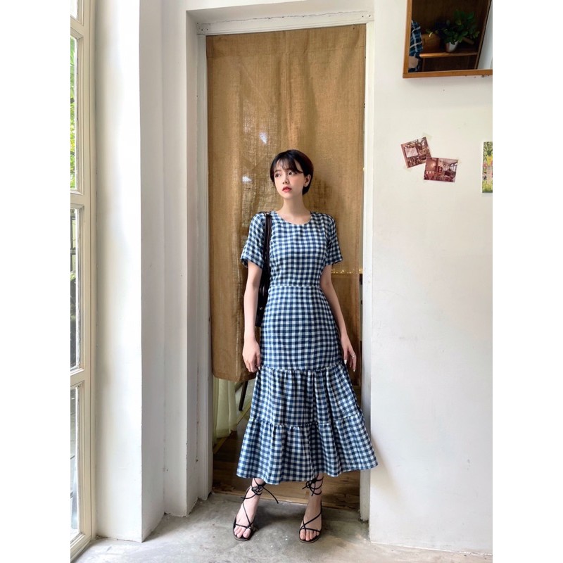 𝐁𝐞𝐥𝐥𝐚 𝐃𝐫𝐞𝐬𝐬 - Desing by momizi hoạ tiết gingham xanh dương, váy dáng dài xoè tầng