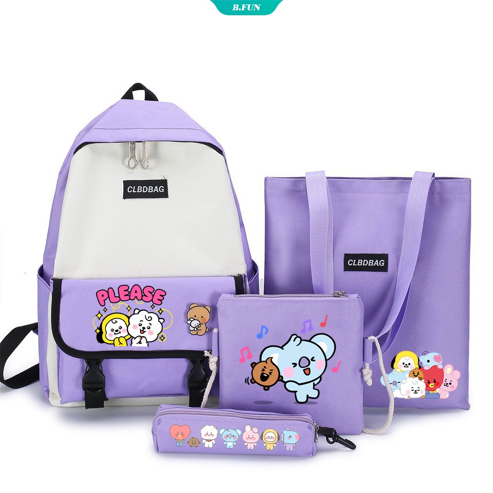 Set 4 Ba Lô Túi Ví Canvas Họa Tiết Bts BT21 Dễ Thương Thời Trang Hàn Quốc