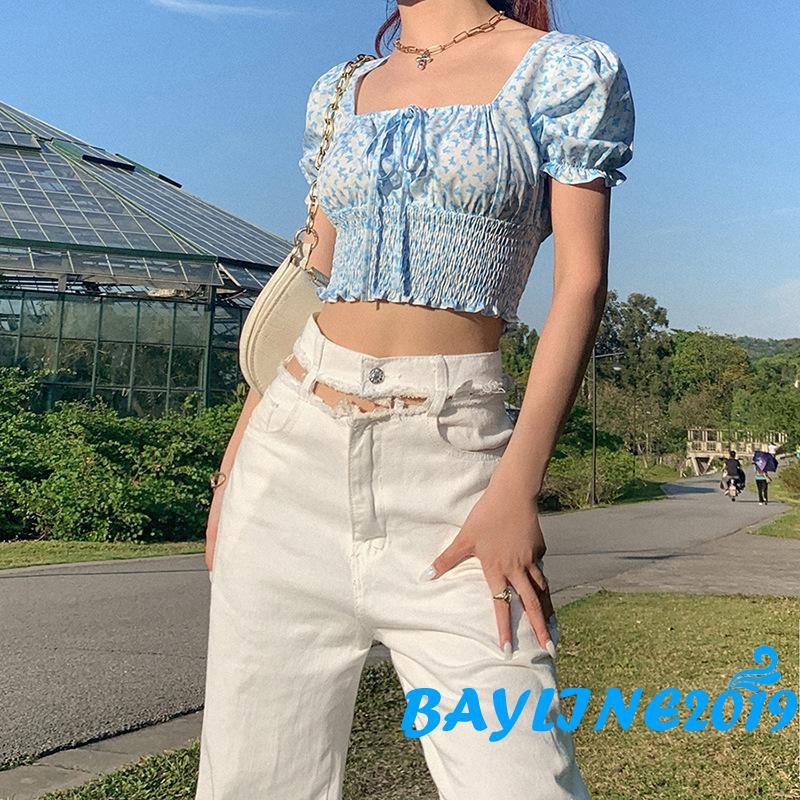 ❀ℳay-Women´s Pink Square Collar Street Shot Fashion Small Floral Top for Summer